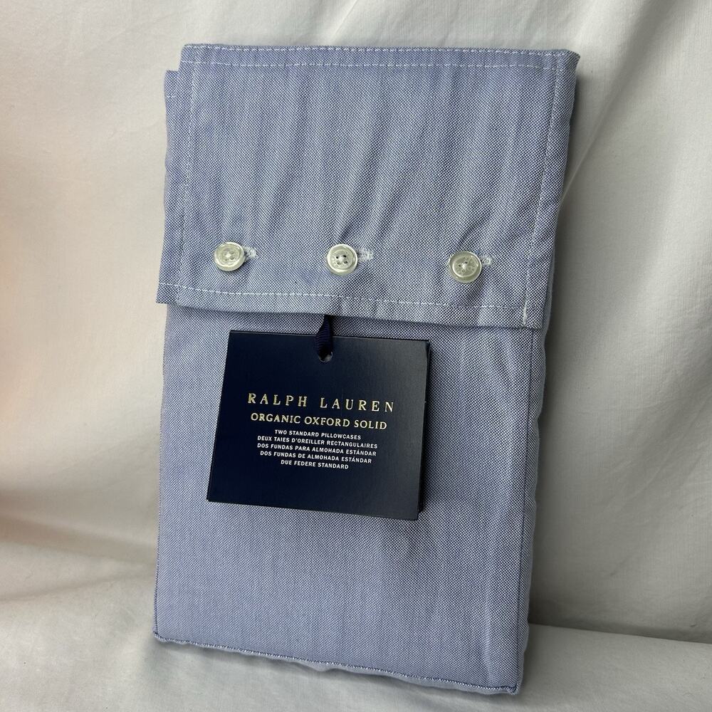Ralph Lauren Organic Cotton Oxford Solid Standard Pillowcases Blue New